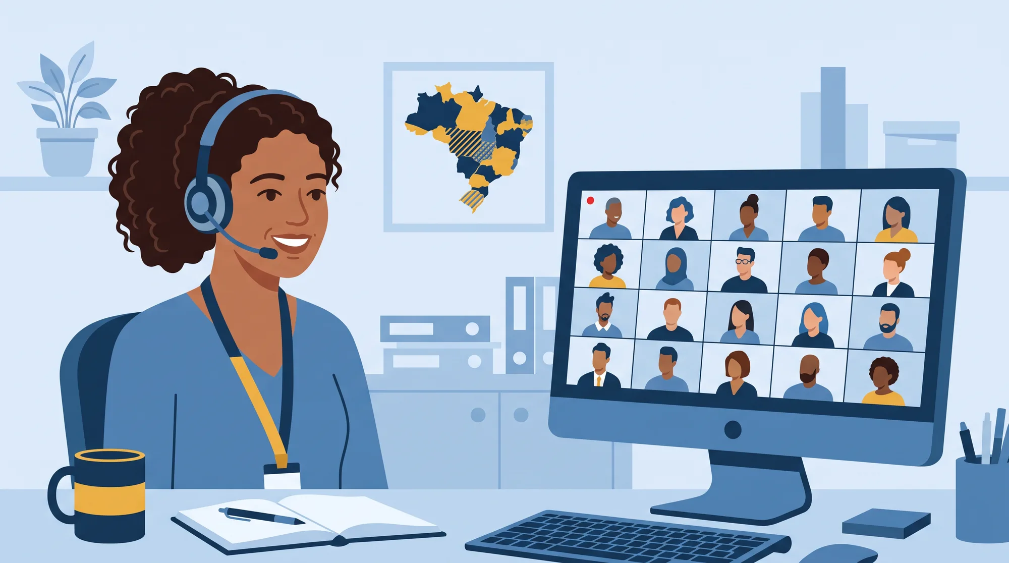 Servidora de fone de ouvido sorrindo diante de um monitor com um mosaico de participantes em videochamada; ao fundo, um mapa do Brasil na parede