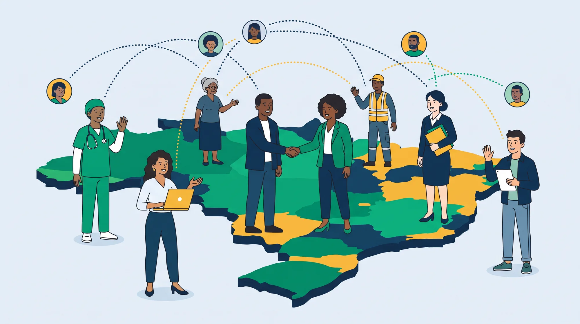 Servidores de várias áreas sobre o mapa do Brasil, acenando e se cumprimentando, ligados por linhas pontilhadas