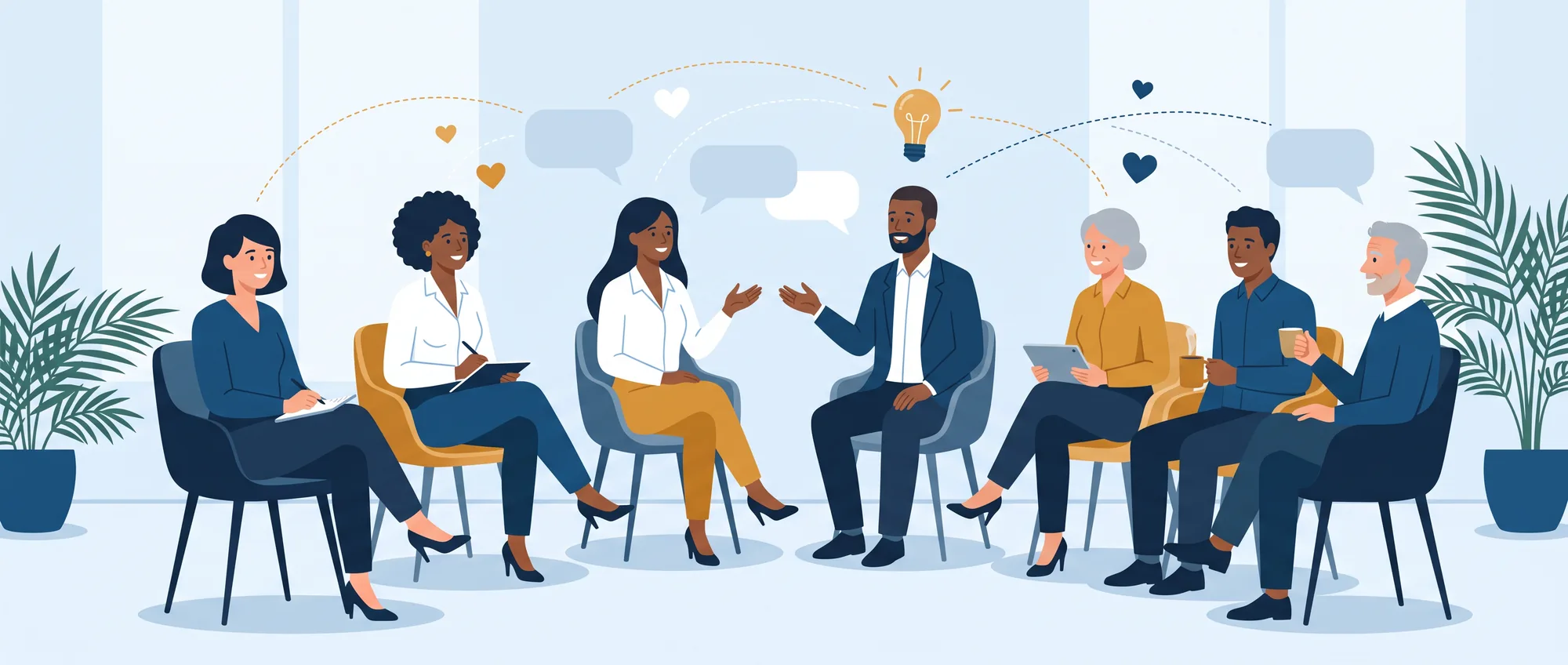 Roda de conversa entre servidores de diferentes idades, sentados em círculo, com balões de diálogo, uma lâmpada e corações acima deles