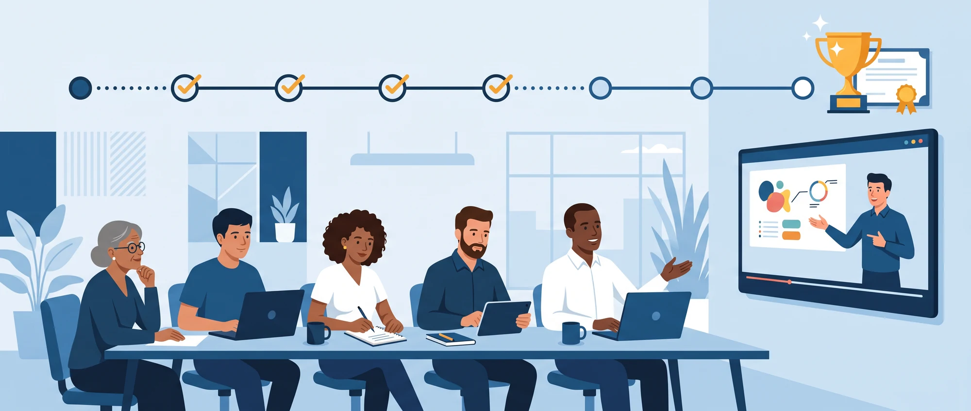 Turma de servidores de diferentes idades estudando juntos com notebooks, tablet e caderno, diante de uma tela com um instrutor, sob uma trilha de progresso que termina em troféu e certificado