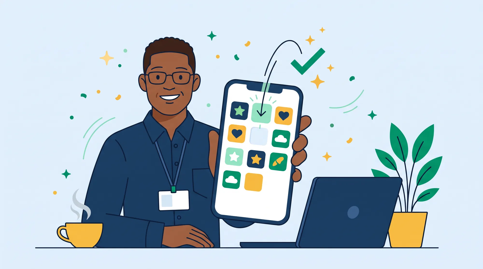 Servidor sorridente mostra o celular; um ícone novo de app desce para a tela inicial com uma seta e um sinal de confirmado