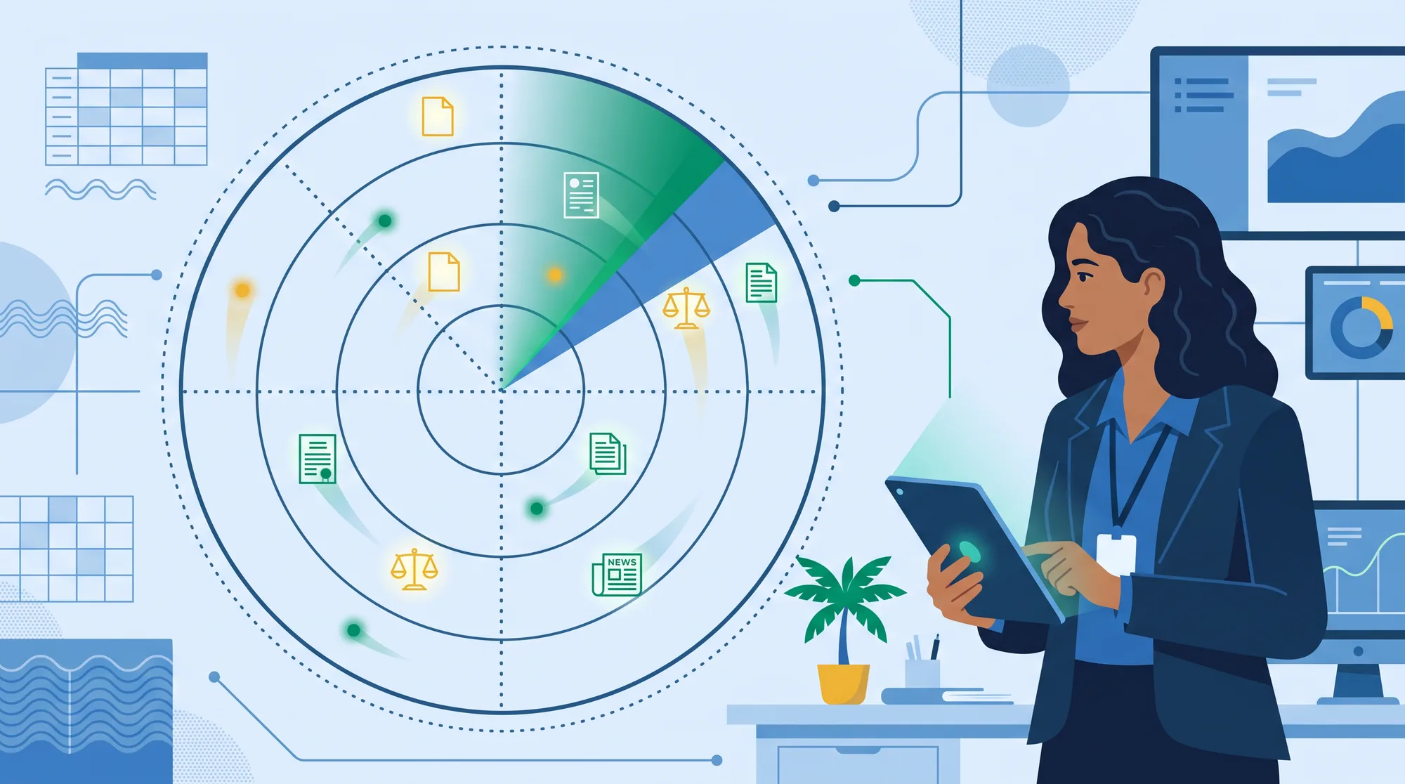 Tela de radar captando ícones de documentos, normas e notícias, observada por uma servidora com um tablet