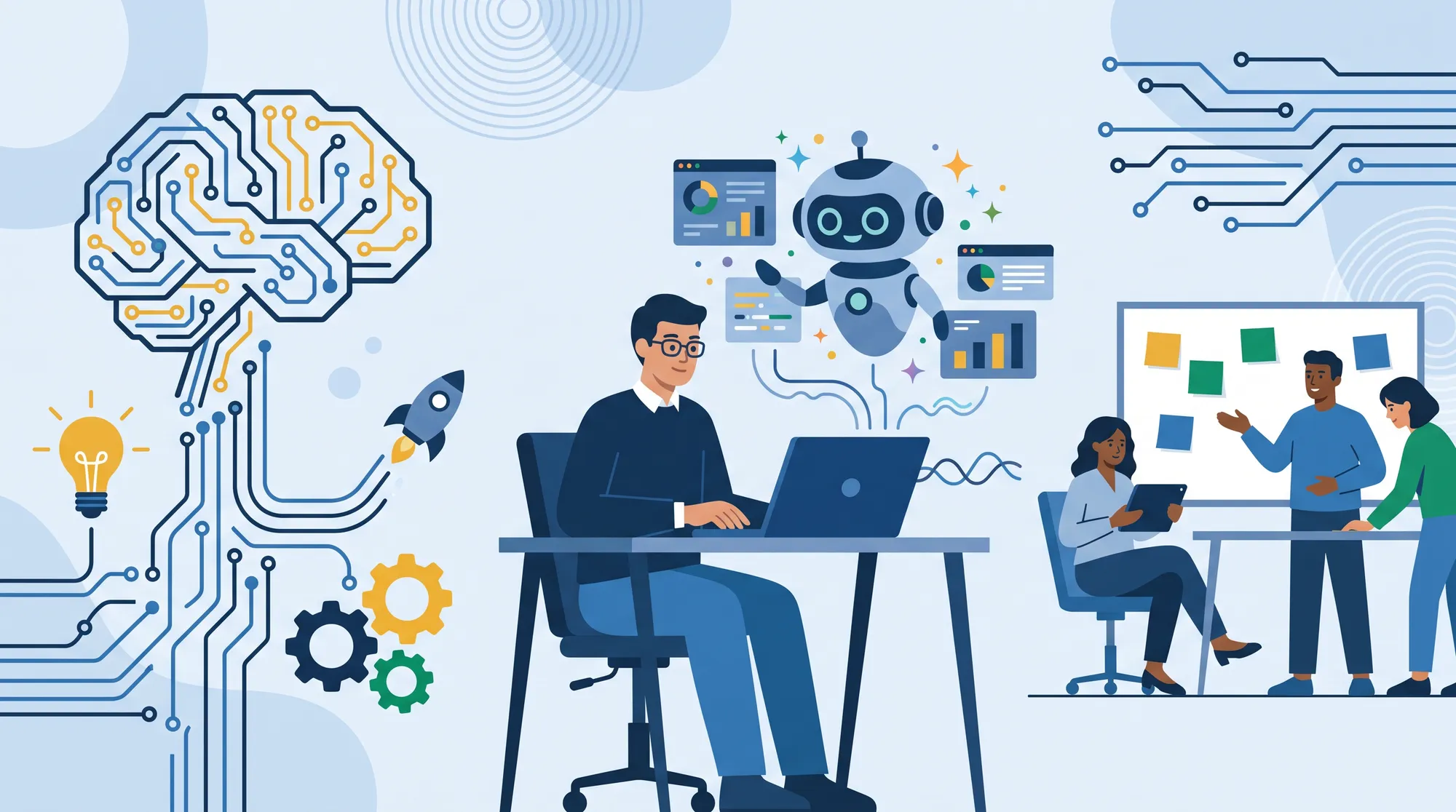 Servidor trabalhando com um assistente de inteligência artificial, colegas com notas adesivas