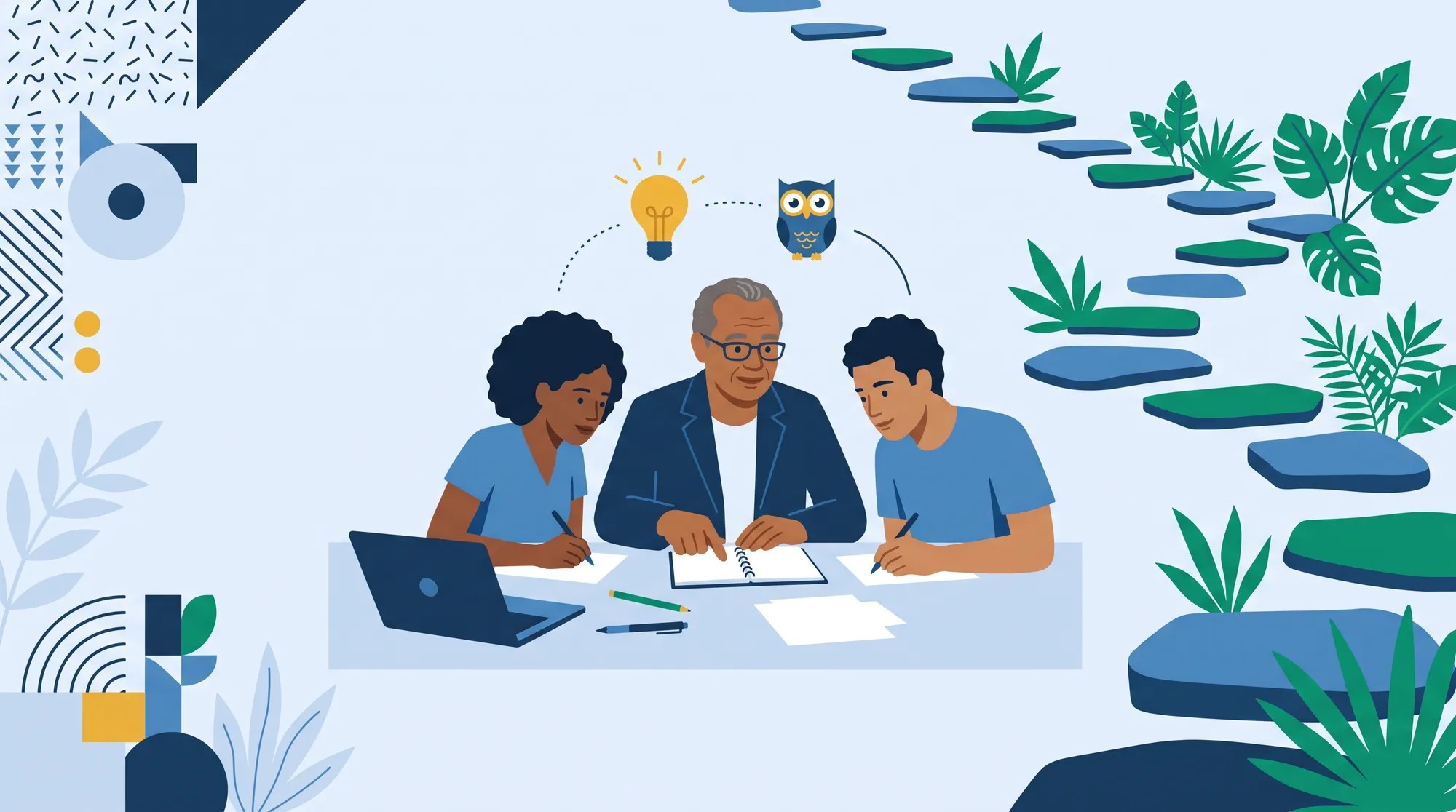 Mentor experiente orientando dois colegas mais jovens à mesa, com uma coruja e uma lâmpada acima
